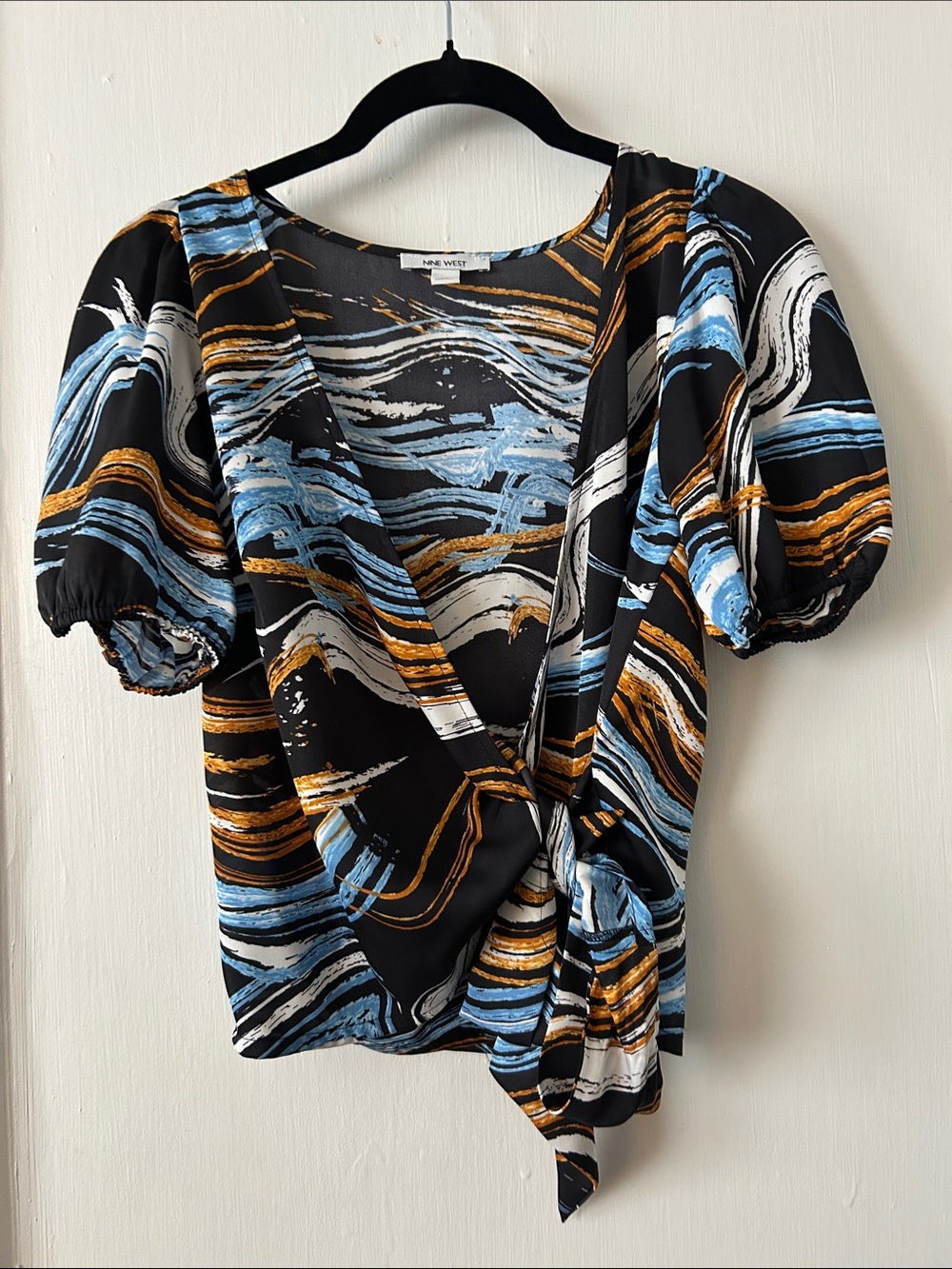 Nine West Black Wrap Blouse with Blue, White & Gold Brushstroke Print